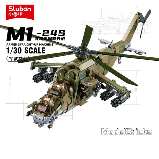 Sluban WW2 Military Russia Air Weapon Mi-24 Attack Helicopters Hind Model Building Blocks Classics Fighter Bricks Plane Toy